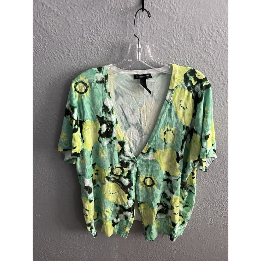 Inc  Womens Button Sweater Size 3X Green Yellow White 3/4 Sleeve